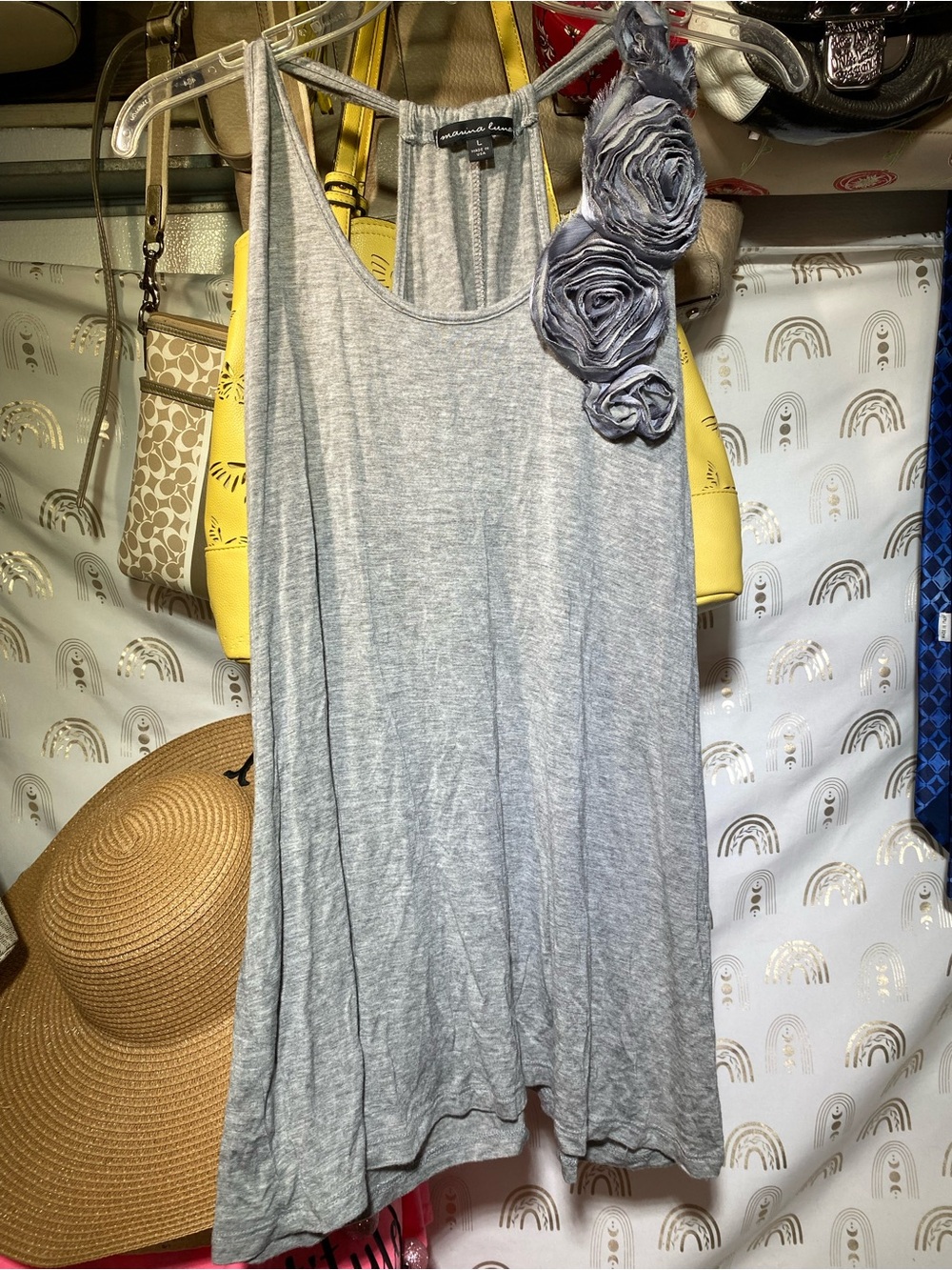 Marina Luna Light Gray Floral-Accent Sleeveless Tank